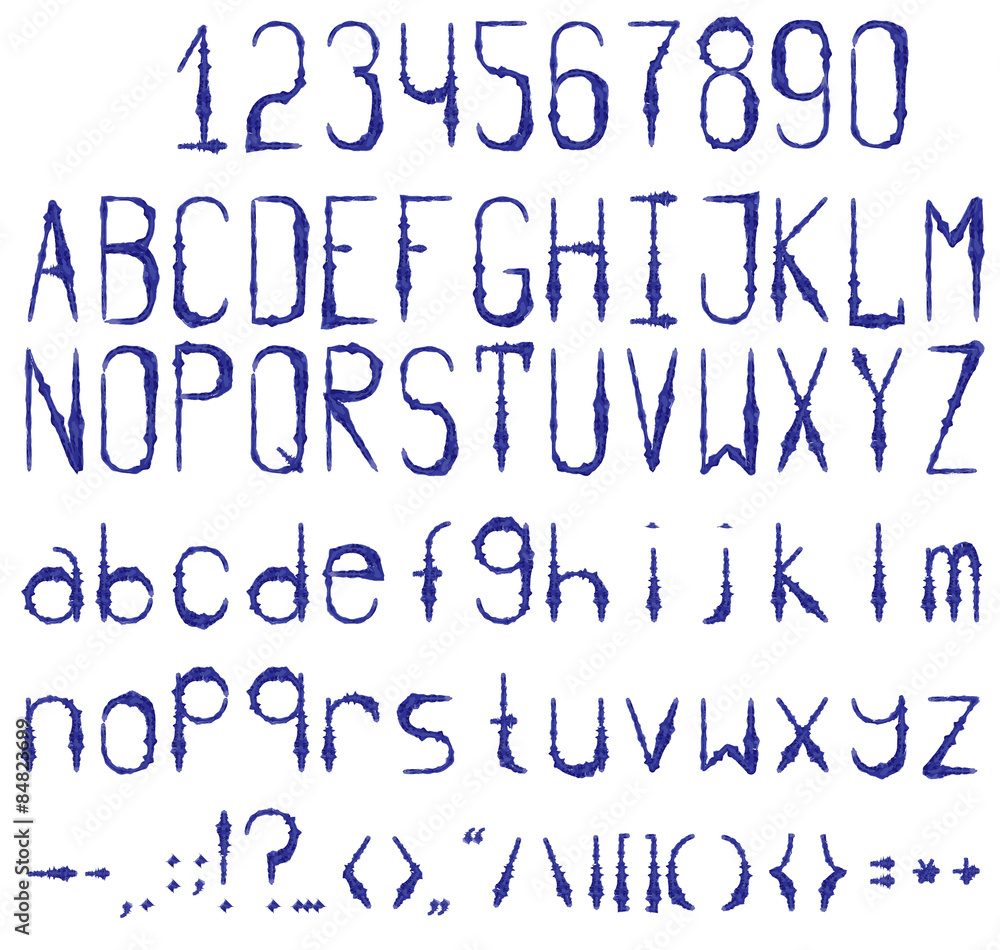 Blue ink print. Full set with numbers and punctuation. Watercolor. Blue ink print. Full set with numbers and punctuation. Watercolor.