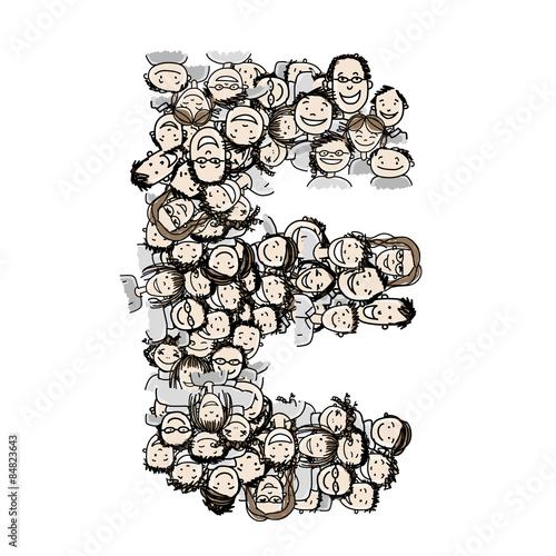 Letter E, people crowd, vector alphabet design