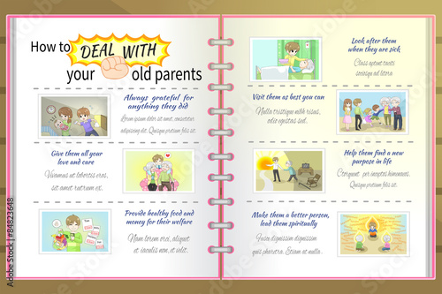 How to deal with old parents father and mother cartoon infographic vector