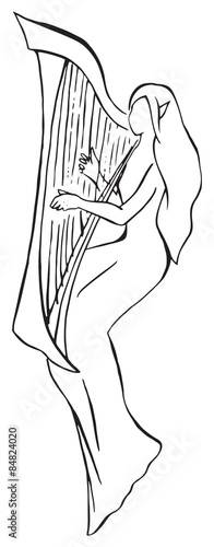 Sketch monochrome black and white elf minstrel with harp vector isolated