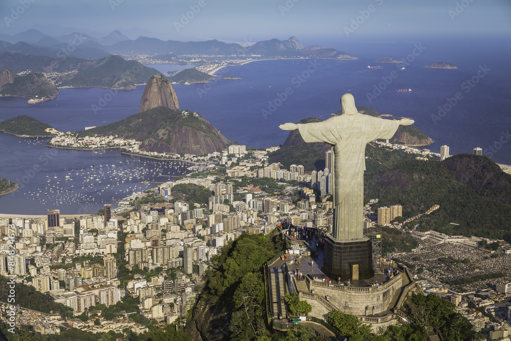 Rio de Janeiro, Brazil : Aerial view of Christ and Botafogo Bay - obrazy, fototapety, plakaty 