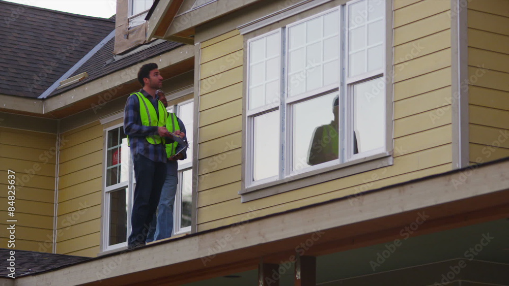 Construction workers inspect unfinished home Construction workers inspect unfinished home