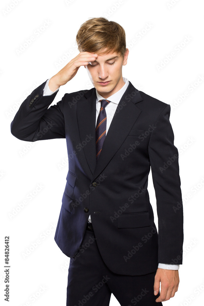 Young businessman confused, feeling stressed, hand in head isola Young businessman confused, feeling stressed, hand in head isola