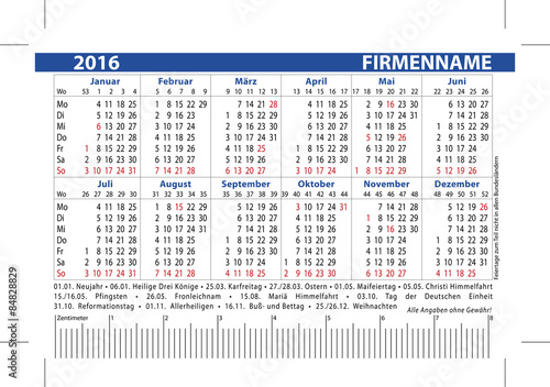 Visitenkartenkalender 2016 Feiertage Deutschland