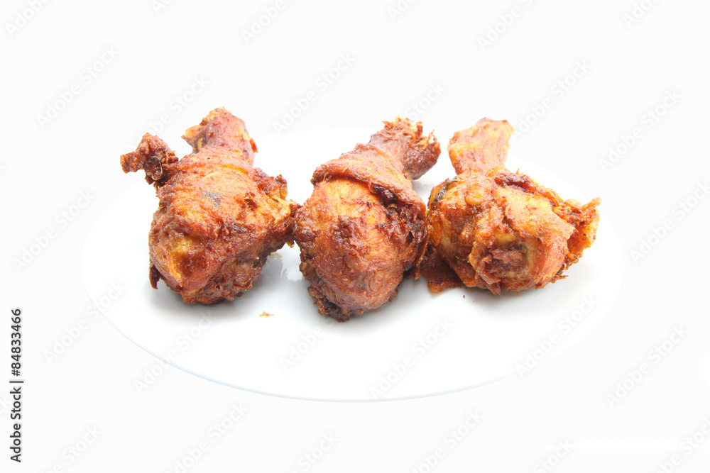 Chicken leg fried on white background Chicken leg fried on white background