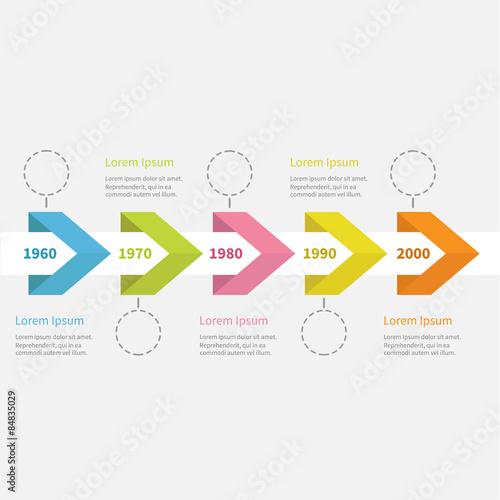 Infographic five step Timeline  ribbon arrow dashed circle and text. Template. Flat design.