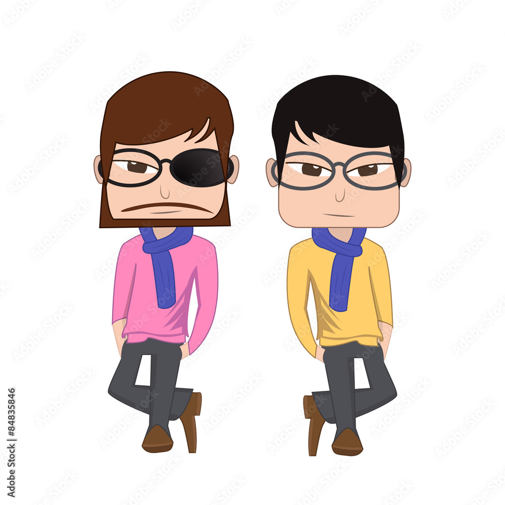 Hipster man vs korean man style wear glasses, coat, black jeans, scarf and leather shoes
Hipster man vs korean man style wear glasses, coat, black jeans, scarf and leather shoes