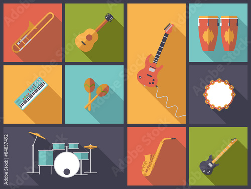 Musical Instruments for Pop, Jazz and Rock icons vector illustration.
