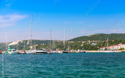 Balchik resort town marina. Moored sailing yacht © evannovostro