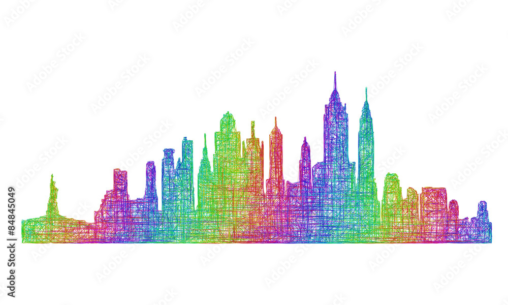 New York City skyline silhouette - multicolor line art