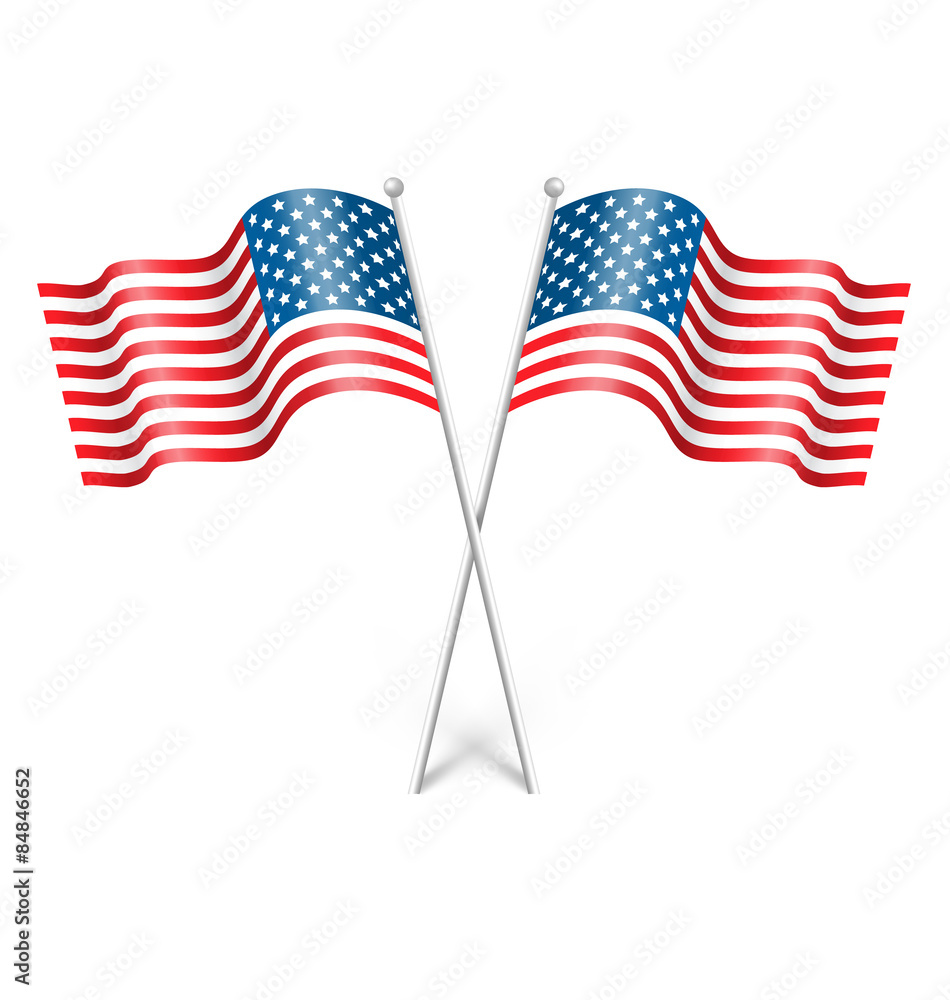 Wavy USA national flags isolated on white background