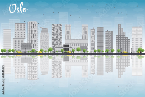 Oslo Skyline with Grey Building, Blue Sky and reflections