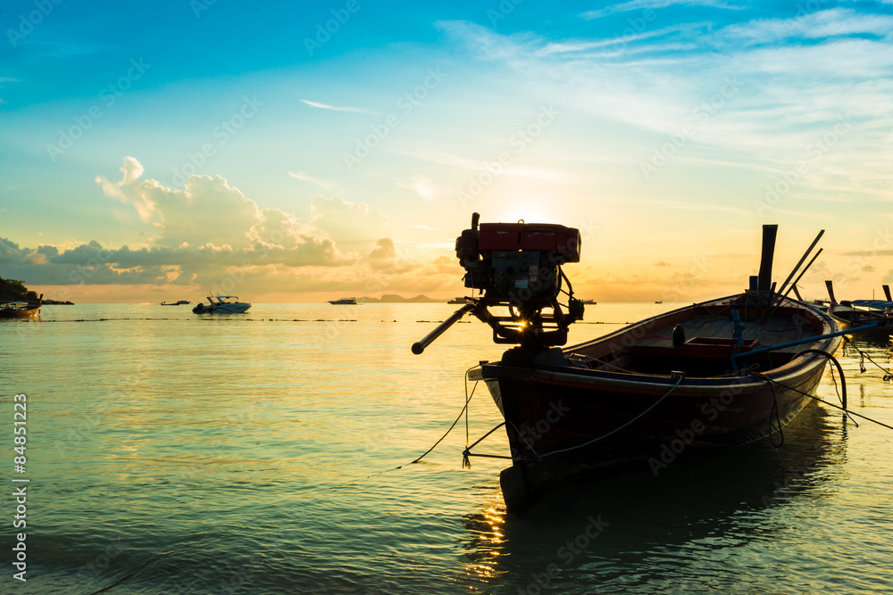 Seascape during sunrise with long tail boat. Beautiful natural Seascape during sunrise with long tail boat. Beautiful natural
