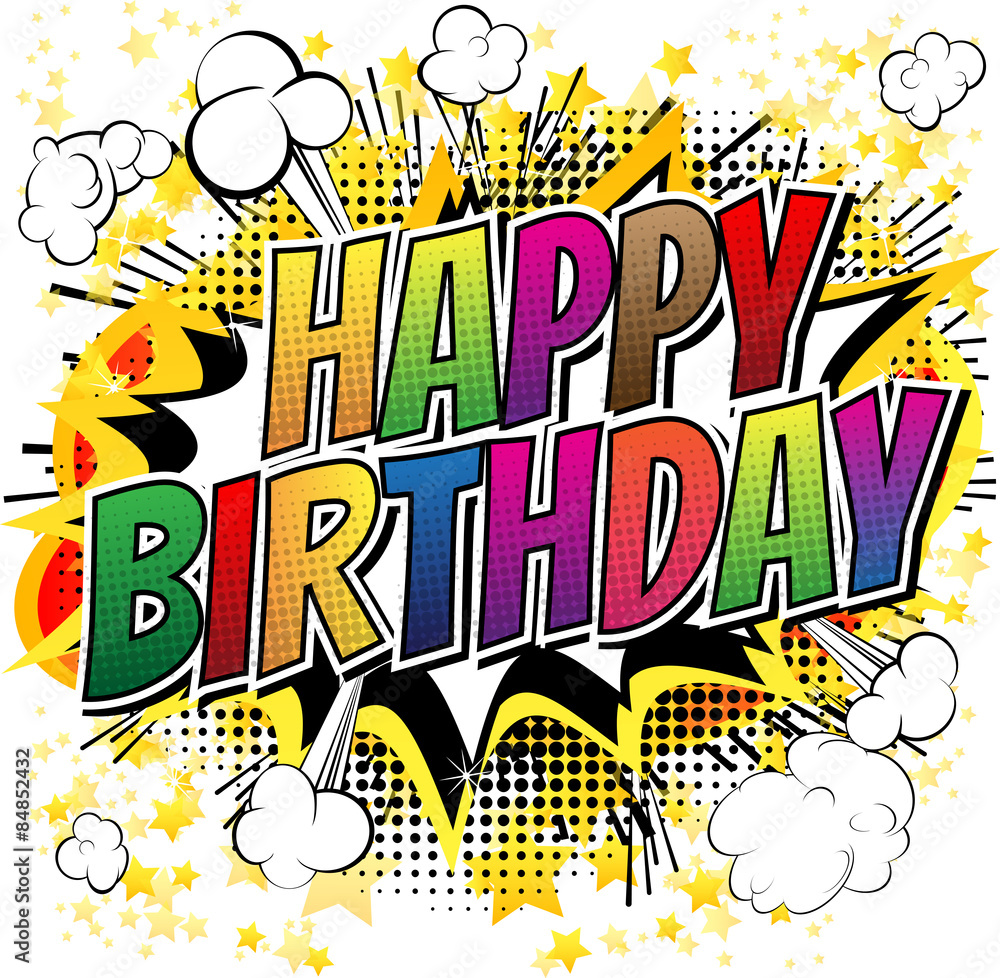 Happy Birthday Comic book style card isolated on white background