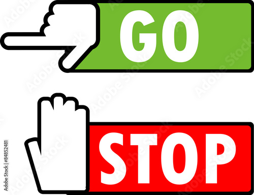 Green Go and red stop navigation signs with pointing finger and stop hand.