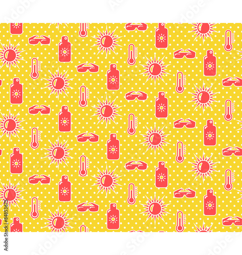 Bright fun summer seamless pattern with sunscreen cream sun and