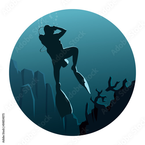 Round illustration of illustration of divers under water.