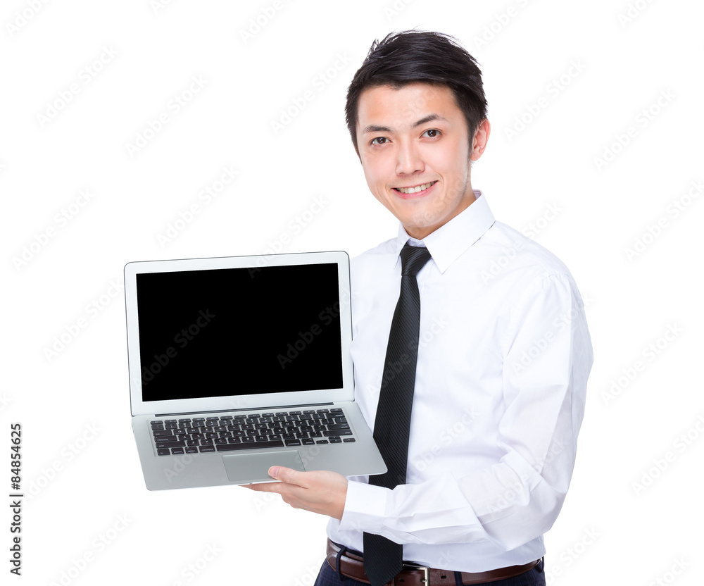 Asian businessman show with blank screen of laptop computer Asian businessman show with blank screen of laptop computer
