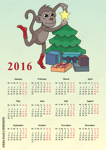 Calendar 2016 with a monkey and tree