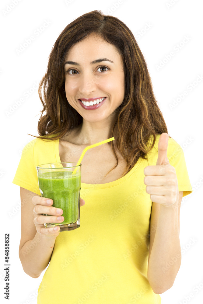Healthy eating woman with green smoothie glass thumbsup Healthy eating woman with green smoothie glass thumbsup