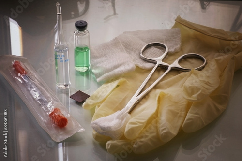 Fotografia, Obraz Preparation for prick syringe bandage ampoule