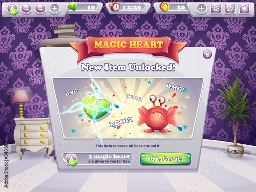 The new item is unlocked! Example of the window for a computer game