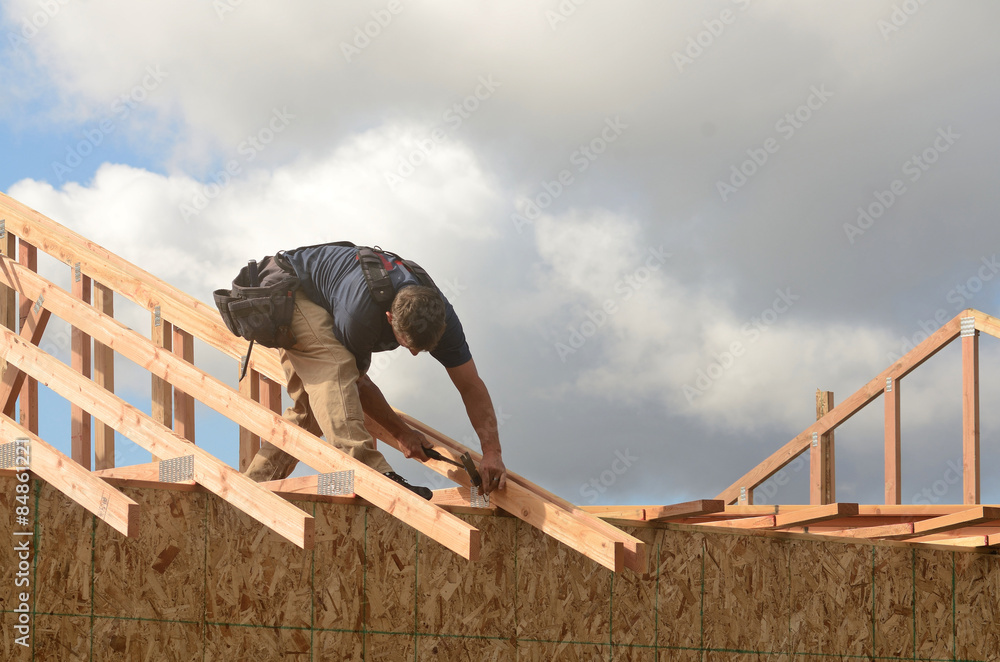 Layout and installation of roof rafters Stock Photo | Adobe Stock