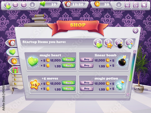 Example of shop window for a computer game. Selling items,  boosters