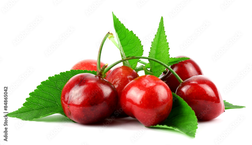 Obraz premium Sweet Cherry with stem and leaf