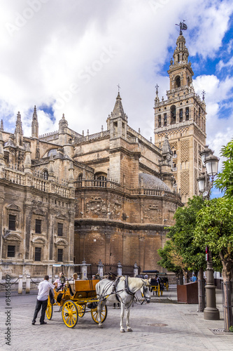 Kutscher an der Kathedrale Sevilla lädt zur Rundfahrt ein