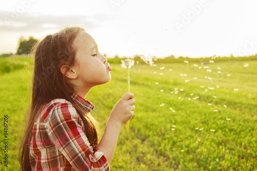 little girl blowing on the dandelion 