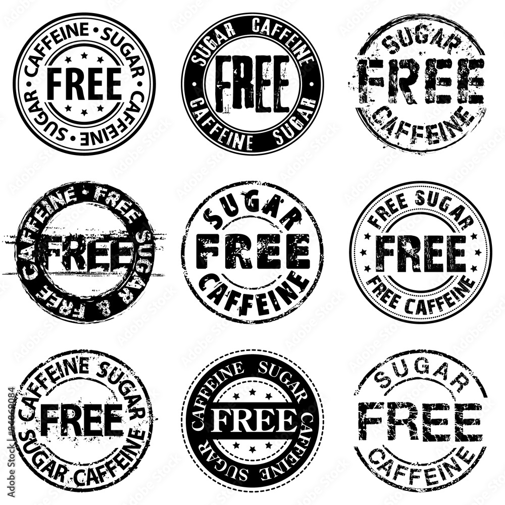 Free sugar and caffeine round stamps. 9 design variations of sign Free sugar and caffeine