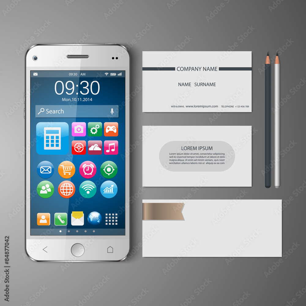 Templates:blank, business cards, smart phone,pencil, Vector illustration.