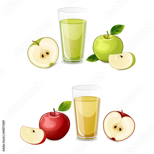 Set of red and green apple fruits juice.
