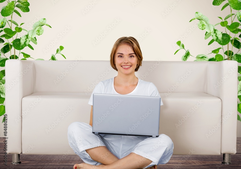 Women, Laptop, Sofa. Women, Laptop, Sofa.