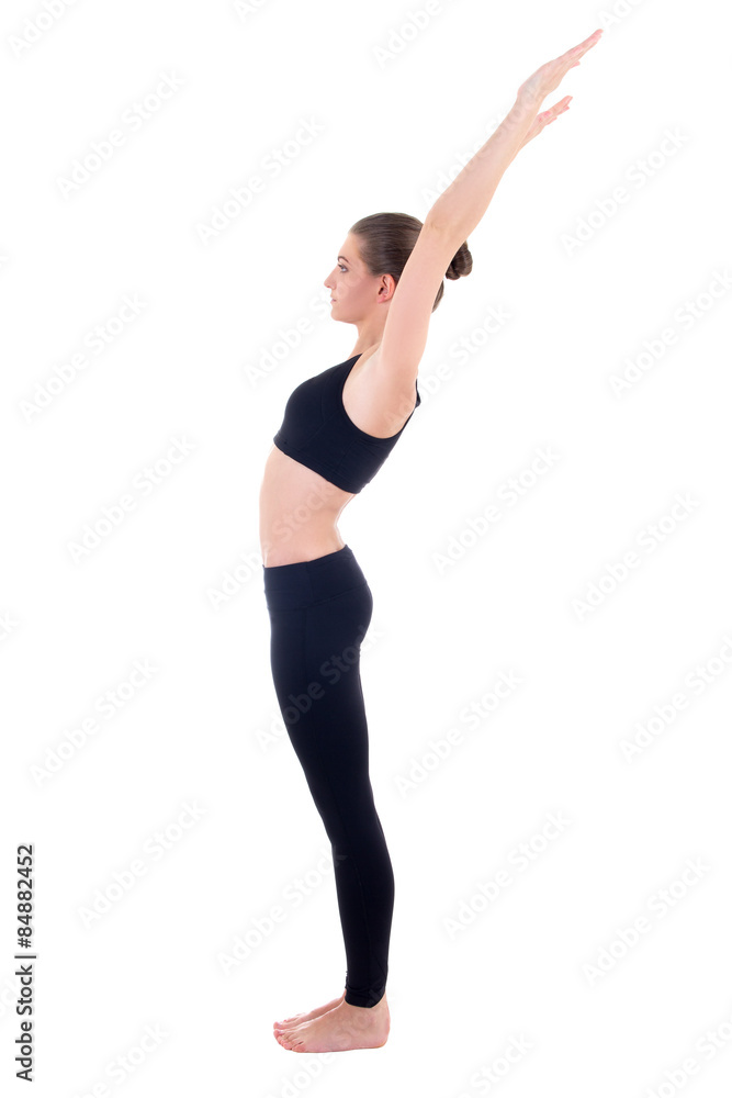 side view of young woman doing yoga isolated on white