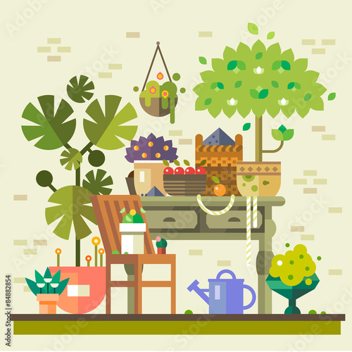 Harvest in countryside. Table with flowers