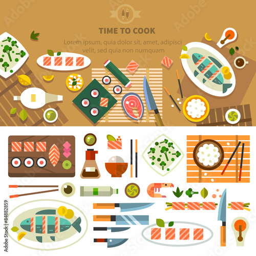 Dining table with dishes in top view
