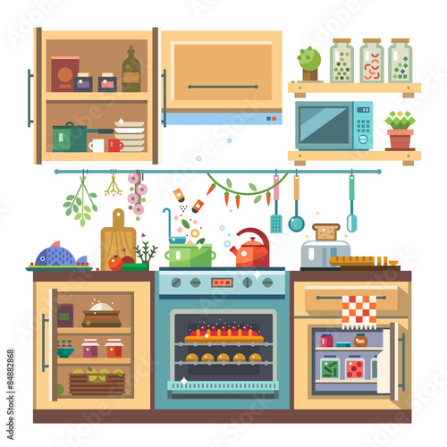 Home kitchenware, food and devices in color
