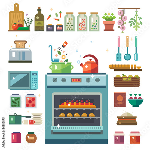 Home kitchenware, food and devices in color vector flat illustrations