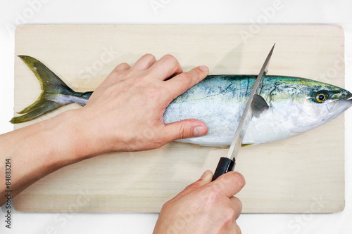 Preparing a Japanese yellowtail in the Japanese style