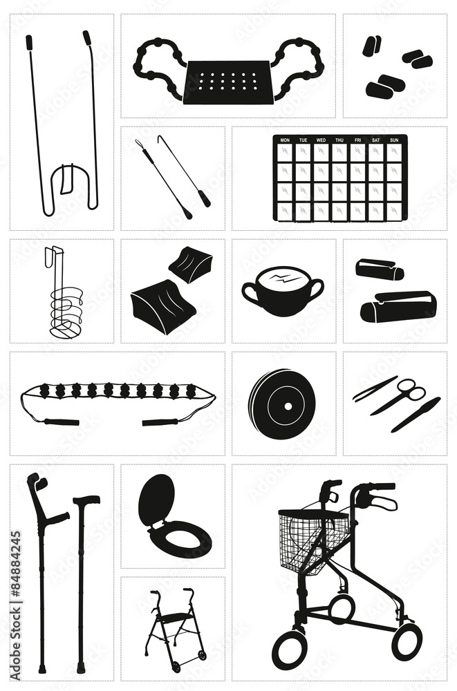 Modern physiotherapy equipment and supplies - set 4 Icons Stock