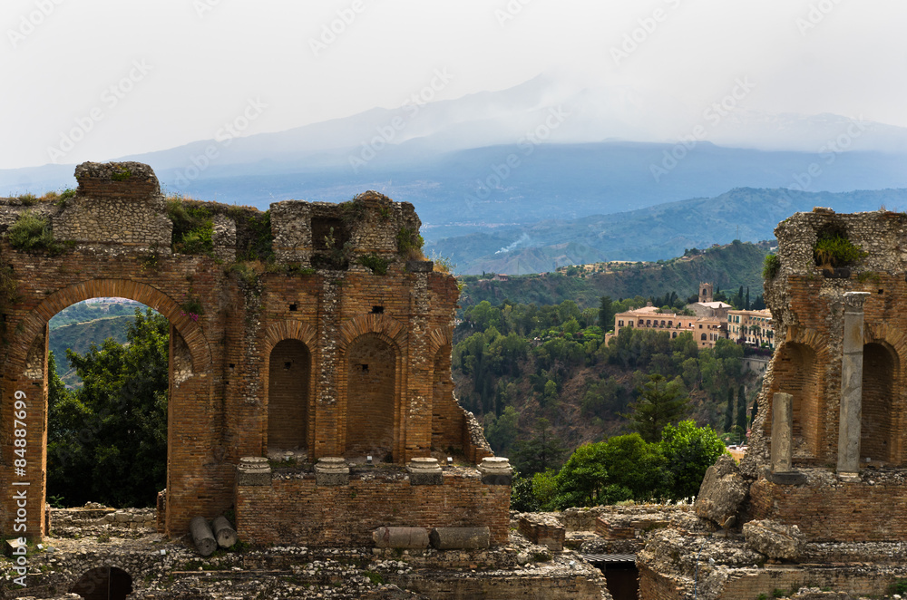 Panorama view from greek theater in Taormina, Sicily, Italy