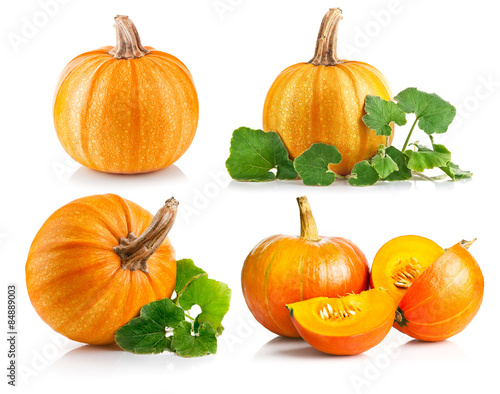 Set ripe pumpkin with green leaf. Isolated on white background