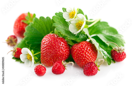 Fresh strawberry with green leaf and flower. Isolated on white