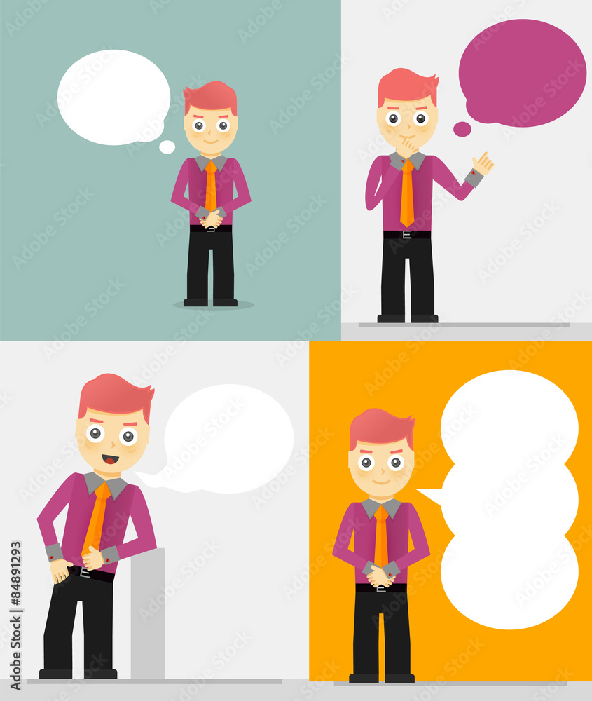 Set of young businessmen with speech bubbles. Talking, thinking Set of young businessmen with speech bubbles. Talking, thinking