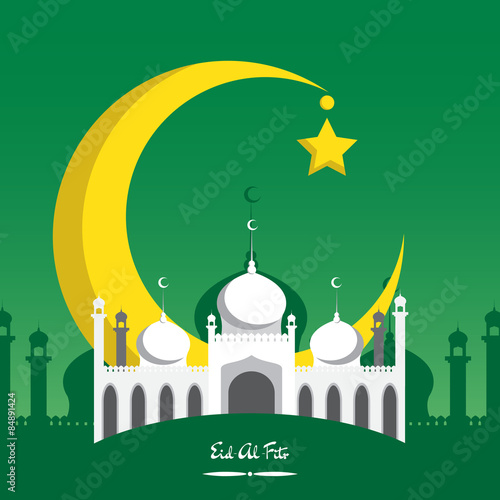 Crescent moon with white mosque for muslim community festival