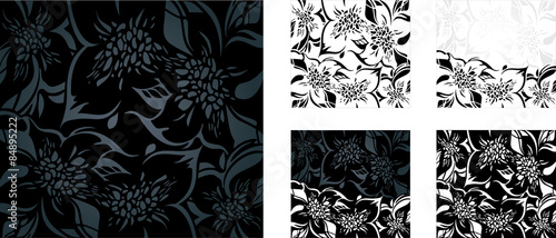 Black and white floral holiday background set with decorative ornaments
