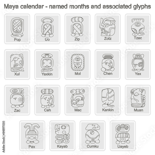 icons with  Maya calendar named month and associated glyphs 