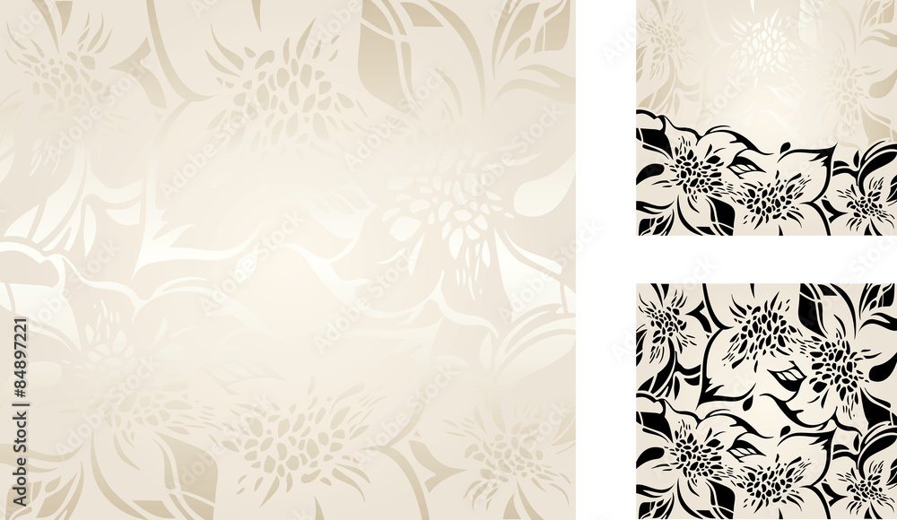 Ecru floral decorative holiday background set with silver and black ornaments
